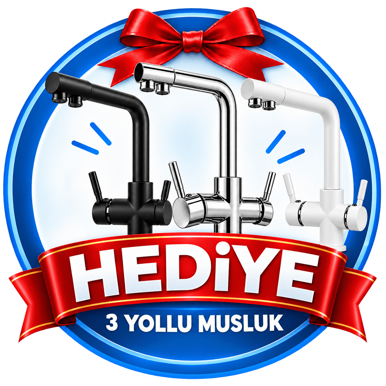 Hediye üç yollu musluk: siyah, krom ve beyaz seçenekleri